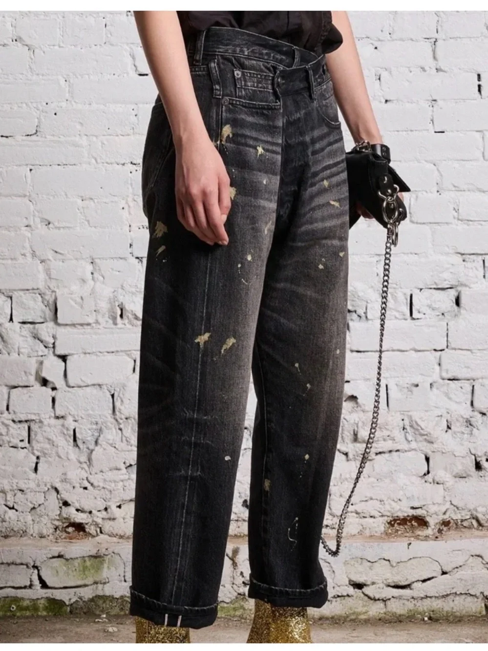 R13 Gold Splatter Crossover Jean in Eton Selvedge Black